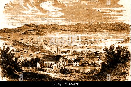 Kalifornischer Goldrausch - San Francisco USA 1849 von der Spitze der Clay Street.am 24. Januar 1848 fand James Wilson Marshall, ein Schreiner aus New Jersey, Goldflocken im American River am Fuße der Sierra Nevada Berge in der Nähe von Coloma, Kalifornien. Zu der Zeit Sutter's Wasser-powered Sägewerk verwendet versklavte Indianer. Andere wie Henry Bigler & Azariah Smith zusammen mit anderen Mühlenarbeitern waren Veteranen des Mormon Volunteer Military Bataillon. Stockfoto