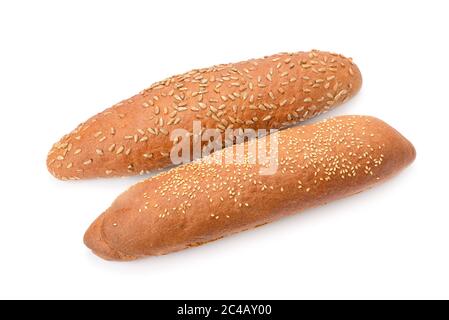 Zwei leckere frische Brote Brot mit Samen auf weißem Hintergrund isoliert bestreut Stockfoto