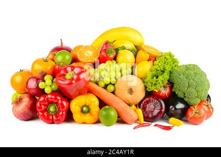 Große Sammlung köstliche gesunde Früchte und Gemüse isoliert auf weißem Hintergrund. Stockfoto