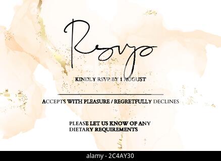Hochzeit zartes Gelb rustikale holografische Golddekoration. Weicher, weicher Tintenspritzer, Flüssigkeitsfluss. RSVP-Karte, vielen Dank. Stock Vektor