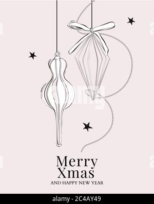 Frohe Weihnachten handgezeichnete Karte mit Neujahr weichen rosa Kugeln und Sterne, Schleifen und geometrischen Formen. Vektorgrafik Skizze, Begrüßung c Stock Vektor