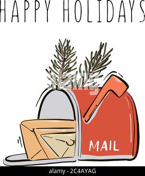 Frohes neues Jahr, Frohe Weihnachten Postbox mit Mails und Tannenzweigen handgezeichnete Illustration Winter Urlaub Gruß, Santa Postbox. Weihnachtsdekoration Stock Vektor