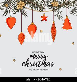Set von handgezeichneten weihnachtskugeln, Stern, Kugeln. Happy New Year Dekoration isolierte Elemente. Mit Zitaten. Xmas Doodles und Skizzen Vektor Handzeichnung Stock Vektor