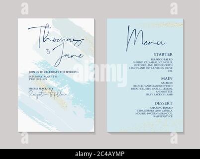 Hochzeit zartes blau holographischen Gold Pinsel Schlaganfall Dekoration. Weicher, weicher Tintenspritzer, Flüssigkeitsfluss. RSVP-Karte, vielen Dank. Stock Vektor