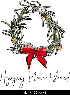 Weihnachten und Neujahr immergrünen Kranz mit Schleife, Sterne Skizze Illustration. Winter Urlaub Vorbereitung Design, letzte Weihnachtszeichnung in Vektor. Stock Vektor