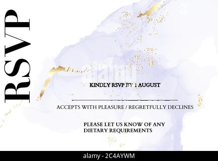 Hochzeit zartes violettes holographisches Gold-Folie Dekoration. Weicher, weicher Tintenspritzer, Flüssigkeitsfluss. RSVP-Karte, vielen Dank. Stock Vektor