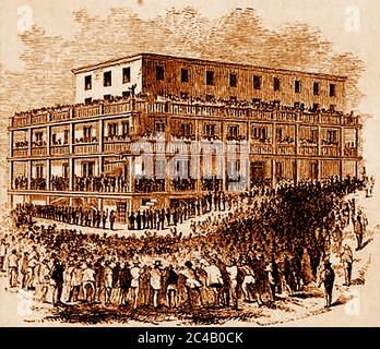 City Hall San Francisco am 22. Februar 1851, wo sie verdächtige Mörder Windred & Stuart (alias Burdue) hielten. Die Menge von über 5000 Menschen war aufgeregt und rief zu öffentlichen Lynchmorden auf, während die Polizei das Gebäude umzingelte, um es zu schützen. (Windred entkam, indem er ein Loch in den Boden seiner Zelle Schnitt). Später entstand die Kontroverse, dass alle Männer nicht schuldig waren, weil sie nicht an diesem Ort, wenn die Straftat stattfand. Stockfoto