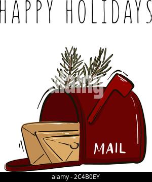 Frohes neues Jahr, Frohe Weihnachten Postbox mit Mails und Tannenzweigen handgezeichnete Illustration Winter Urlaub Gruß, Santa Postbox. Stock Vektor