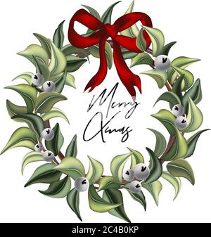 Frohe Weihnachten handgezeichnete Aquarellblätter von immergrünen Winterpflanzen, grüner Feiertagskranz mit roter Bogendekoration. Weihnachten trendy vintage Gruß in Stock Vektor