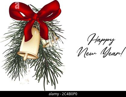 Jingle Glocken Weihnachtskarte mit Kiefer Zweig, rote Schleife und handgezeichneten Grußtext. Neujahrsdekoration für Werbung, Poster, Einladungen, Wallpap Stock Vektor