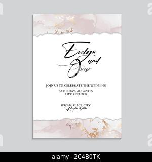 Zartes, weiches Roségold-Design. Hochzeit Einladungskarten mit Luxus Gold und rosa Marmor Textur Hintergrund und Abstrakt flüssigen Stil Vektor-Design tem Stock Vektor