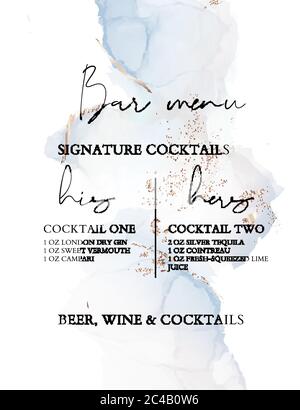 Hochzeit zartes blaues holographisches Gold Dekoration. Weicher, weicher Tintenspritzer, Flüssigkeitsfluss. Karte mit Barmenü, Restauranteinrichtung. Stock Vektor