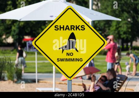 Haie, kein Schwimmen, gelbe und schwarze Warnzeichen oder Signal am Strand Stockfoto