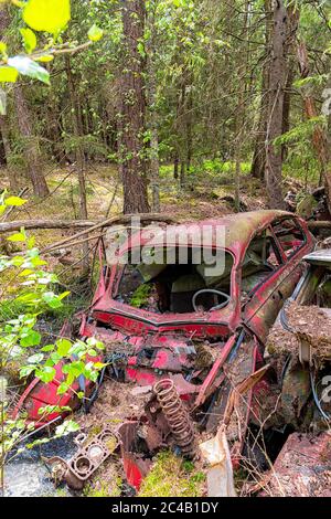 KIRKOE MOSSE, SCHWEDEN - 30. MAI 2020: Ein Autofriedhof in einem Wald bei Kirkoe Mosse, Schweden. Stockfoto