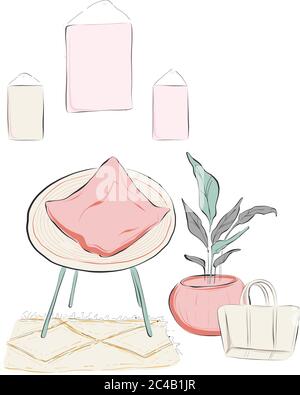 Wohnzimmer Skizze mit Sessel, Kissen, Pflanze, Bilder, Teppich. Gemütliche Wohnung handgezeichnete Illustration. Komfort Haus Dekoration, glückliche Mädchen Ort, Stift Stock Vektor