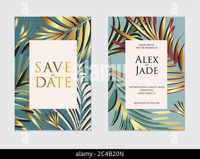 Rahmen für Hochzeitseinladung; Blätter aus Plam, Goldfolie glitzert. Trendiges Einladungskarten-Design mit Blattpalme-Splash in Pastellfarben. Handgezeichnete Vect Stock Vektor