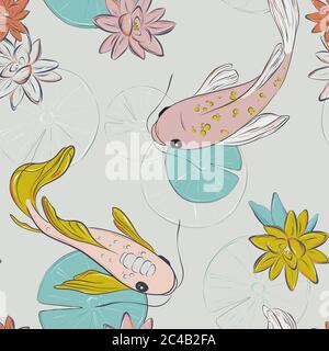 Koi Fisch orientalischen Muster. Sommerfisch zartes rosa gelbes Muster. Japanisches Fischmotiv in Gold mit Blumenmuster. Karpfen im See mit Lotusblüten-Textur Stock Vektor