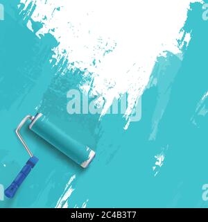 Wandmalerei. Blauer Hintergrund mit Rollbürste. Stock Vektor