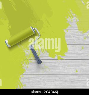 Malerei Holzwand mit Roller Pinsel und grüne Farbe Stock Vektor