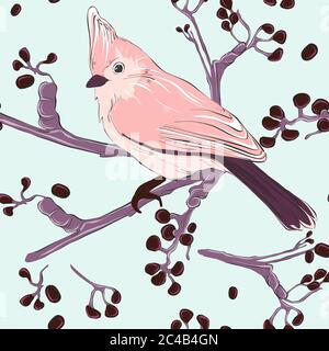 Zartes rosa Vogel- und Pflanzenmuster. Wildvogel Natur Hintergrund mit Pastell exotischen Papagei, violette Beeren auf einem Baum. Nahtloses Wiederholdesign. Stock Vektor