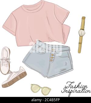 T-Shirt, Shorts, Turnschuhe, Sonnenbrille und Uhren Skizze. Mode Frauen Illustration. Moderne trendige Kunst. Hannd gezeichnet Sommer schließt eingestellt. Flatlay-Outfit Stock Vektor