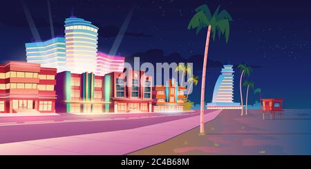 Straße in Miami mit Hotels, Sandstrand und Palmen in der Nacht. Vektor Cartoon tropische Landschaft mit beleuchteten Gebäuden in Resort Stadt. Sommer Nacht Stadtbild mit leerer Straße und Meer Stock Vektor