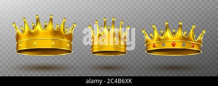 Goldene Kronen für König oder Königin krönender Kopfschmuck für Monarch. Königliche Goldmonarchie mittelalterliche Krönung Symbol, kaiserliche Zeichen isoliert auf transparentem Hintergrund. Realistische 3d-Vektordarstellung, Set Stock Vektor