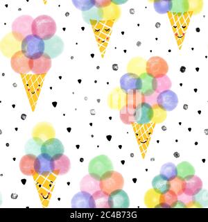 Eiscreme Waffelkegel nahtloses Muster. Handgezeichnetes nettes Eis mit lächelnden Gesichtern wiederholenden Hintergrund. Niedliches Kinder-Sommermuster für Stoff Stockfoto
