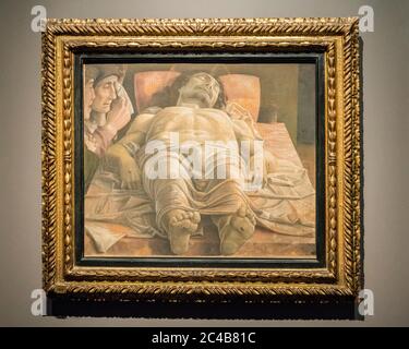 Cristo Morto, Klage Christi, Gemälde von Andrea Mantegna, 1431 - 1506, Renaissance, Pinacoteca di Brera, Mailand, Lombardei, Italien Stockfoto