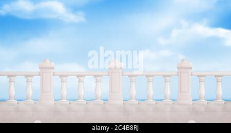 Marmorbalustrade auf blauem, wolkigen Himmel Hintergrund. Weißes Balkongeländer, Geländer. Geländer oder Zaunabschnitte mit dekorativen Säulen. Balusters Architektur Design, realistische 3d-Vektor-Illustration Stock Vektor