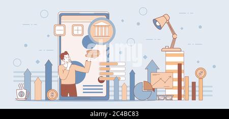 Mann hält goldene Münzen und macht Investitionen Vektor Cartoon skizzieren Illustration. Manager machen Investitionsplan. Geld verdienen und sparen, mobiler Assistent, mobiles Banking-Konzept. Stock Vektor