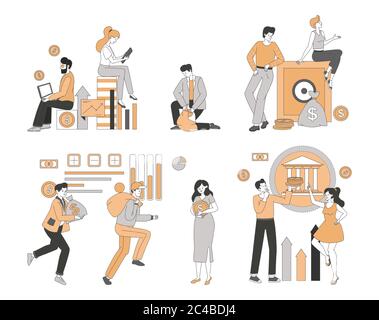 Glücklich lächelnde Menschen verdienen und Geld sparen, so dass Business-Analyse und Finanzpläne Vektor Cartoon skizzieren Illustration. Wirtschaftswachstum, finanzieller Erfolg und Börsenkonzept. Stock Vektor