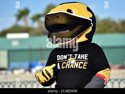 Las Vegas, Nevada, USA. Juni 2020. Vegas Golden Knights Teammaskottchen Chance das Golden Gila Monster nimmt an einer Modenschau vor dem Welcome to Fabulous Las Vegas Schild auf dem Las Vegas Strip Teil, um die Pro-Maskentragekampagne 'Mask up for Nevada' von Experience Strategy Associates inmitten der Spread zu starten Des Coronavirus am 25. Juni 2020 in Las Vegas, Nevada. Am Mittwoch, Nevada Gov. Steve Sisolak unterzeichnete eine Richtlinie, die die Menschen verpflichtet, Gesichtsbezüge an öffentlichen Orten im ganzen Staat zu tragen, beginnend am 26. Juni als Reaktion auf einen vierwöchigen Aufwärtstrend der neuen da Stockfoto
