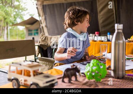 Lächelnder Junge, Profil, in einem Zeltlager, auf Safari, mit Safari-Tierspielzeug spielen. Stockfoto
