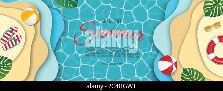 Sommer-Sale-Banner mit Papier geschnitten Rahmen auf blauem Meer und Strand Hintergrund. Stock Vektor