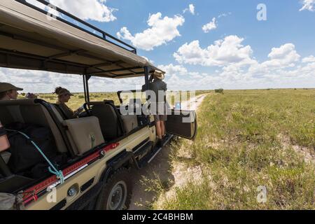 safari-Führer und Fahrzeug auf unbefestigten Straße Stockfoto