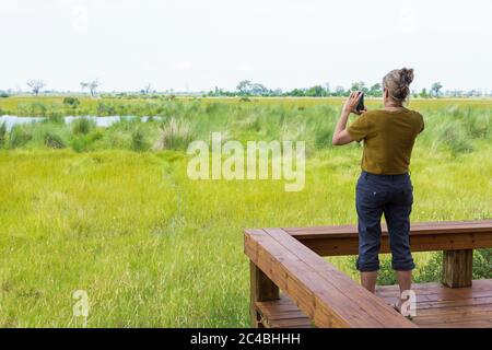 Erwachsene Frau fotografiert Landschaft, Botswana Stockfoto