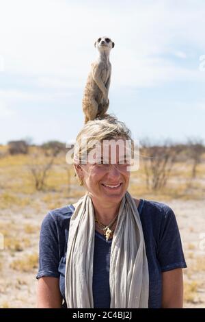 Erwachsene Frau mit Erdmännchen auf dem Kopf, Kalahari-Wüste, Makgadikgadi-Salzpfannen, Botswana Stockfoto
