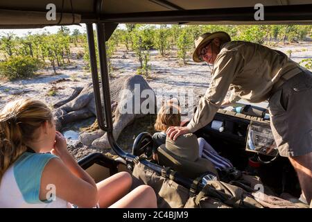 Ein Jeep mit zwei Kindern und einem Reiseleiter, der sich auslehnt und auf die Kadaver eines toten Elefanten schaut. Stockfoto