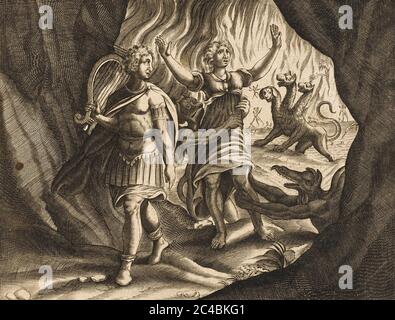 ORPHEUS rettet seine Frau Eurydice aus dem Hades in einem Stich aus dem 18. Jahrhundert. Stockfoto