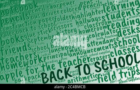 Grün texturierte Wortwolke, Typografie zum Thema 'Back to School' Stockfoto
