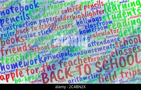 Bunte Wortwolke mit Typografie zum Thema 'Back to School' Stockfoto