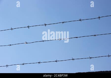 Stacheldraht gegen klaren blauen Himmel. Gefängnis und Freiheit Konzept Verbrechen und Strafe Gesetz Konzept Stockfoto