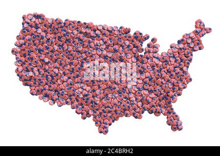 Karte der USA von Abzeichen mit Flagge der Vereinigten Staaten, 3D-Rendering isoliert auf weißem Hintergrund Stockfoto