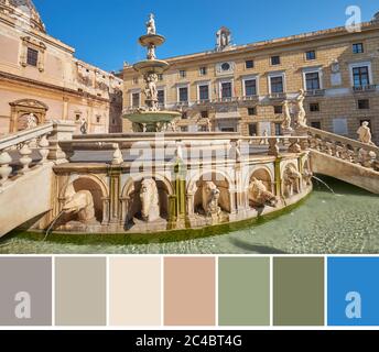 Farbanpassung Palette aus Bild der mythologischen Bachstatuen auf Praetorianbrunnen am Main Pretoria Platz in Palermo mit dem Rathaus von Palermo Stockfoto