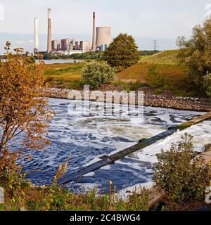 Emscher-Mündung im Rhein, Kraftwerk Voerde im Hintergrund, Deutschland, Nordrhein-Westfalen, Ruhrgebiet, Dinslaken Stockfoto