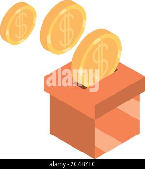Isometrisches Geld Bargeld schieben Münzen in Box isoliert auf weißem Hintergrund Vektor Illustration flach Symbol Stock Vektor