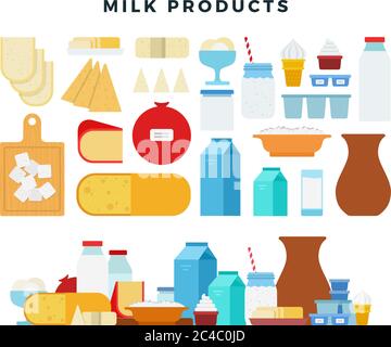 Verschiedene Arten von Milchprodukten, Sammlung von Symbolen in flacher Form, isoliert auf weiß. Milch, Butter, Käse, Joghurt, Quark, Sauerrahm, Eis Stock Vektor