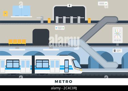 Metro Vektor-Illustration in flacher Ausführung. U-Bahn-Station und U-Bahn. Stock Vektor