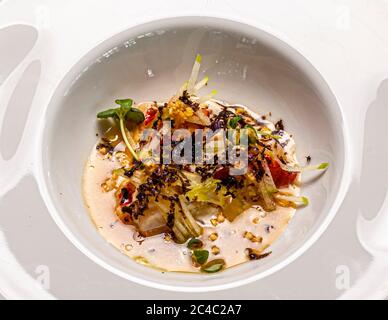 Ein Gericht aus roten Stücken, Streifen von Apfel oder Sellerie und gehacktem schwarzem Trüffel liegt in einer hellen Brühe auf einem tiefen weißen Teller beim Hummer-Lunch im Hotel und Restaurant Kronenschlösschen in Hattenheim, Eltville am Rhein, Hessen, Deutschland. Die roten Stücke sind wahrscheinlich Hummer. Brunnenkresse, Blattsprossen und goldbraune Krümel sitzen oben drauf. Das Mittagessen am 28. Februar 2017 ist Teil des 21. Rheingau Gourmet & Wein Festivals. Mario Lohninger (Restaurant Lohninger, Frankfurt) und der mit einem Michelin-Stern ausgezeichnete Koch Simon Stirnal (Kronenschlösschen) kochen jeweils zwei Gänge mit Hummer aus Maine (USA), Bretagne (Frankreich) und Irel Stockfoto